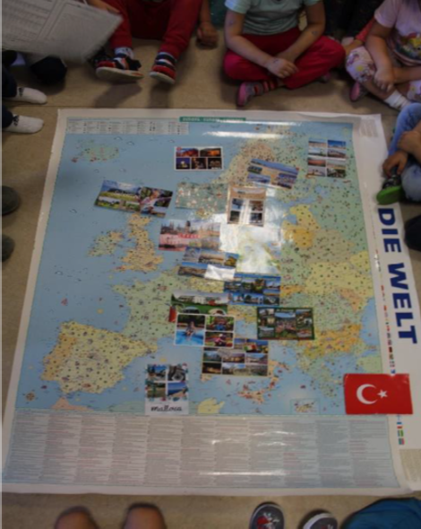 Eine Europakarte mit Ansichtskarten der Urlaubsreisen einiger Kinder.